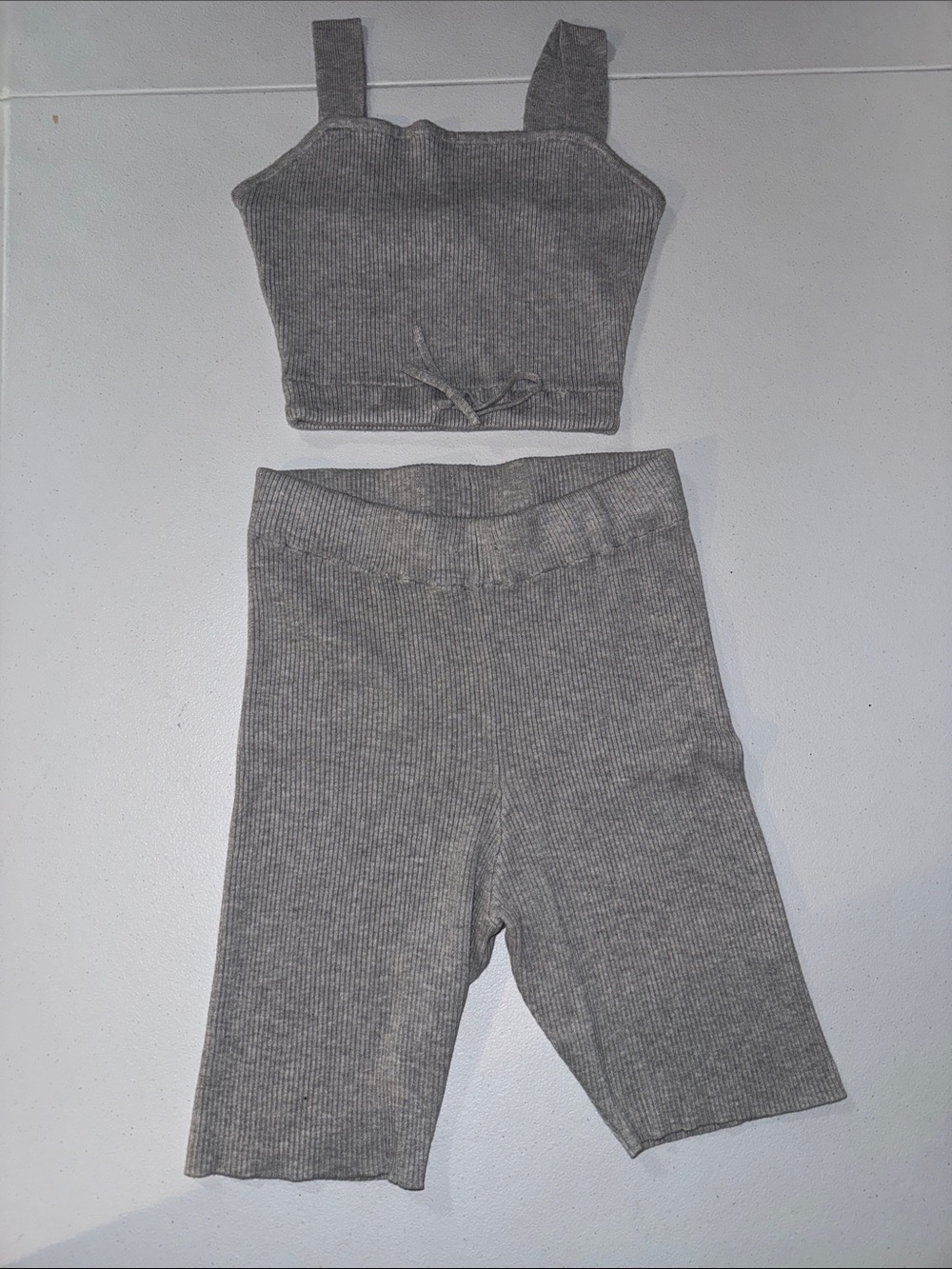 Medium gray ribbed, biker shorts, matching crop top outfit